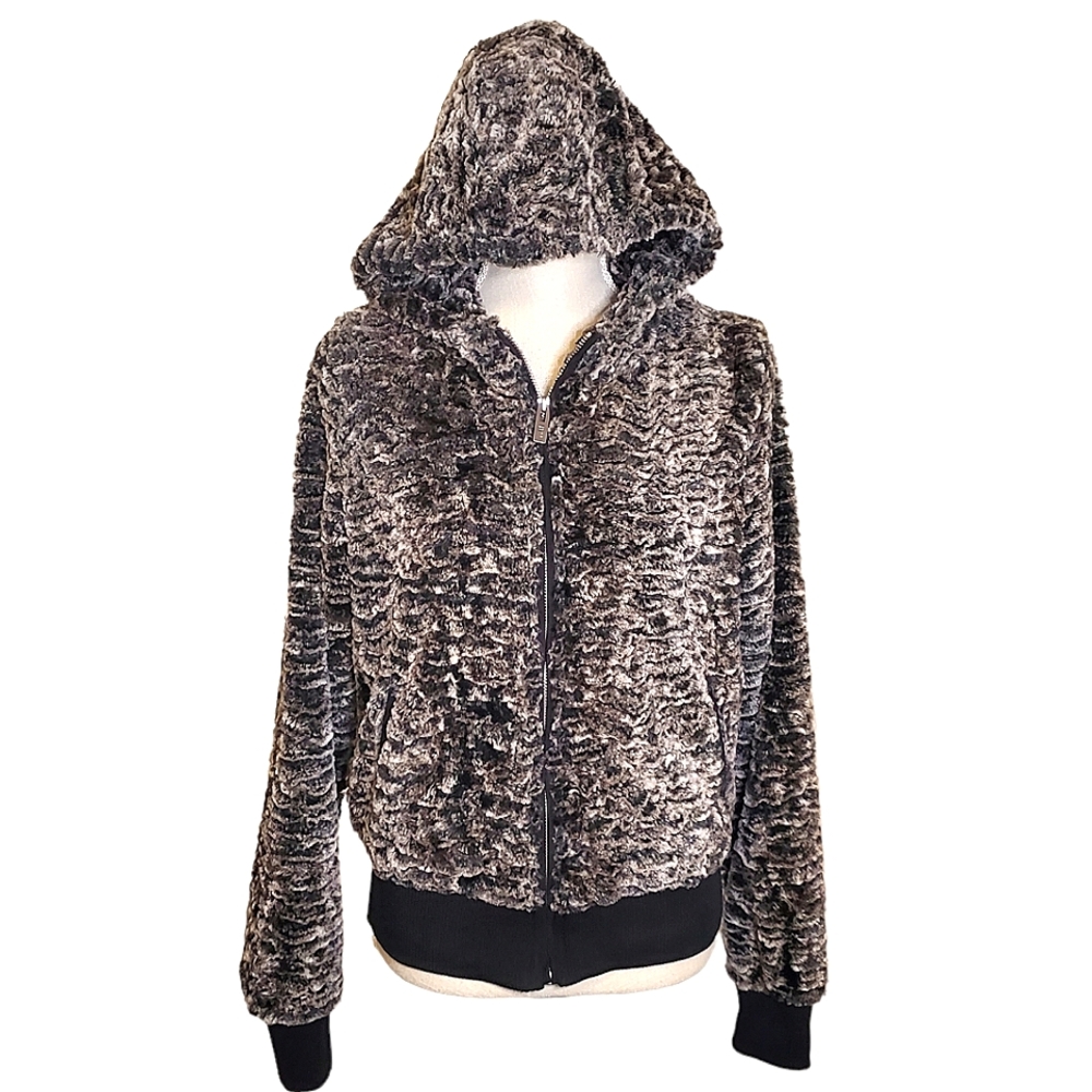 YMI | Women's brown-toned faux-fur zipper-front hooded coat. Size large.